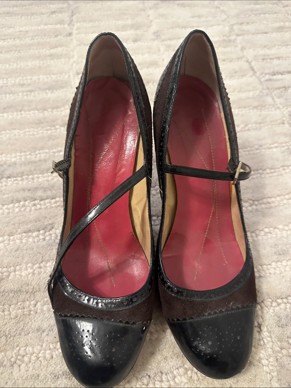 Kate Spade Vintage Women’s Black and Brown Mary Jane Heels with Pink Insole